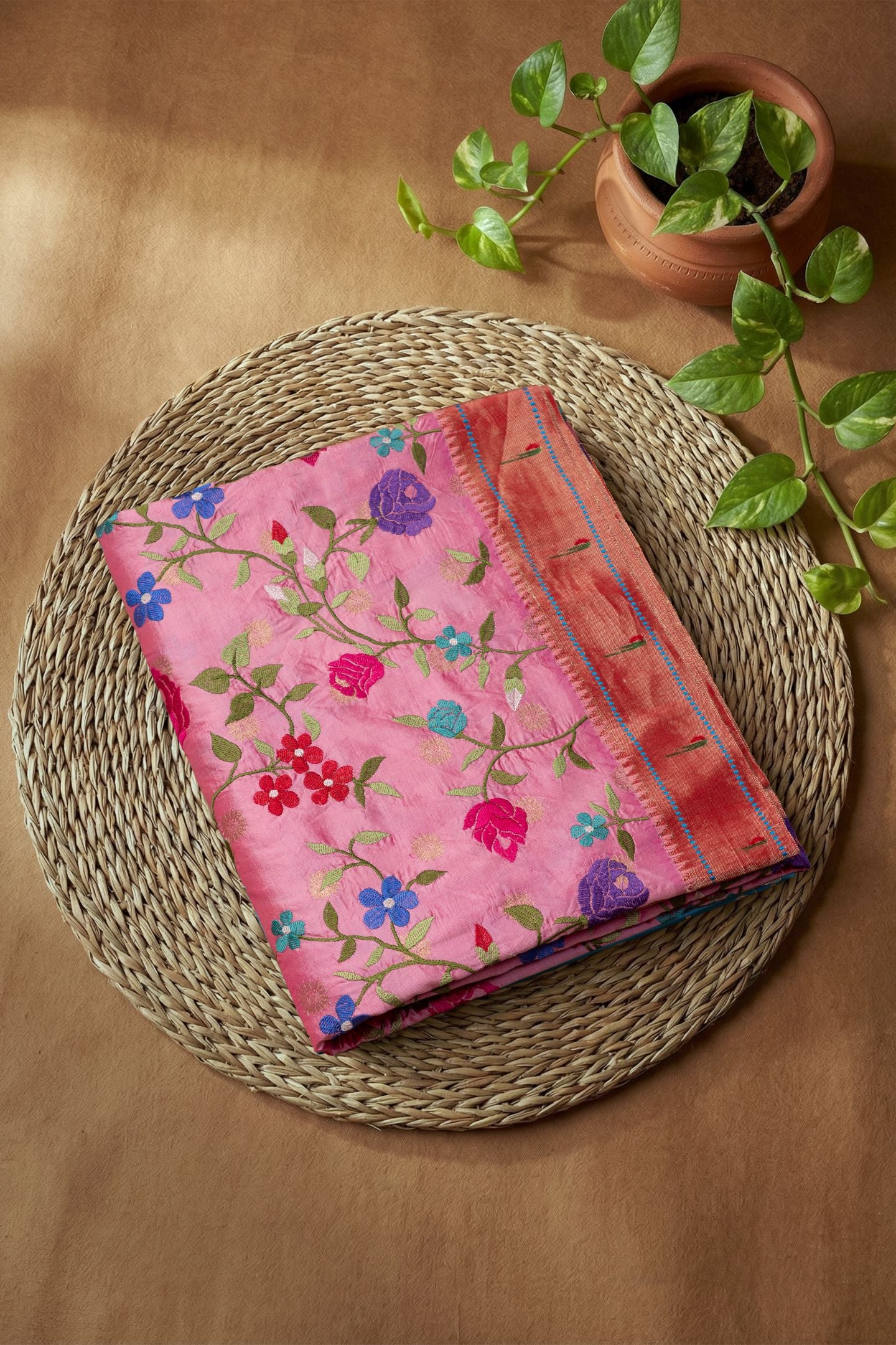 Traditional Pure Silk Muniya All Over Petate Work Fusion Saree