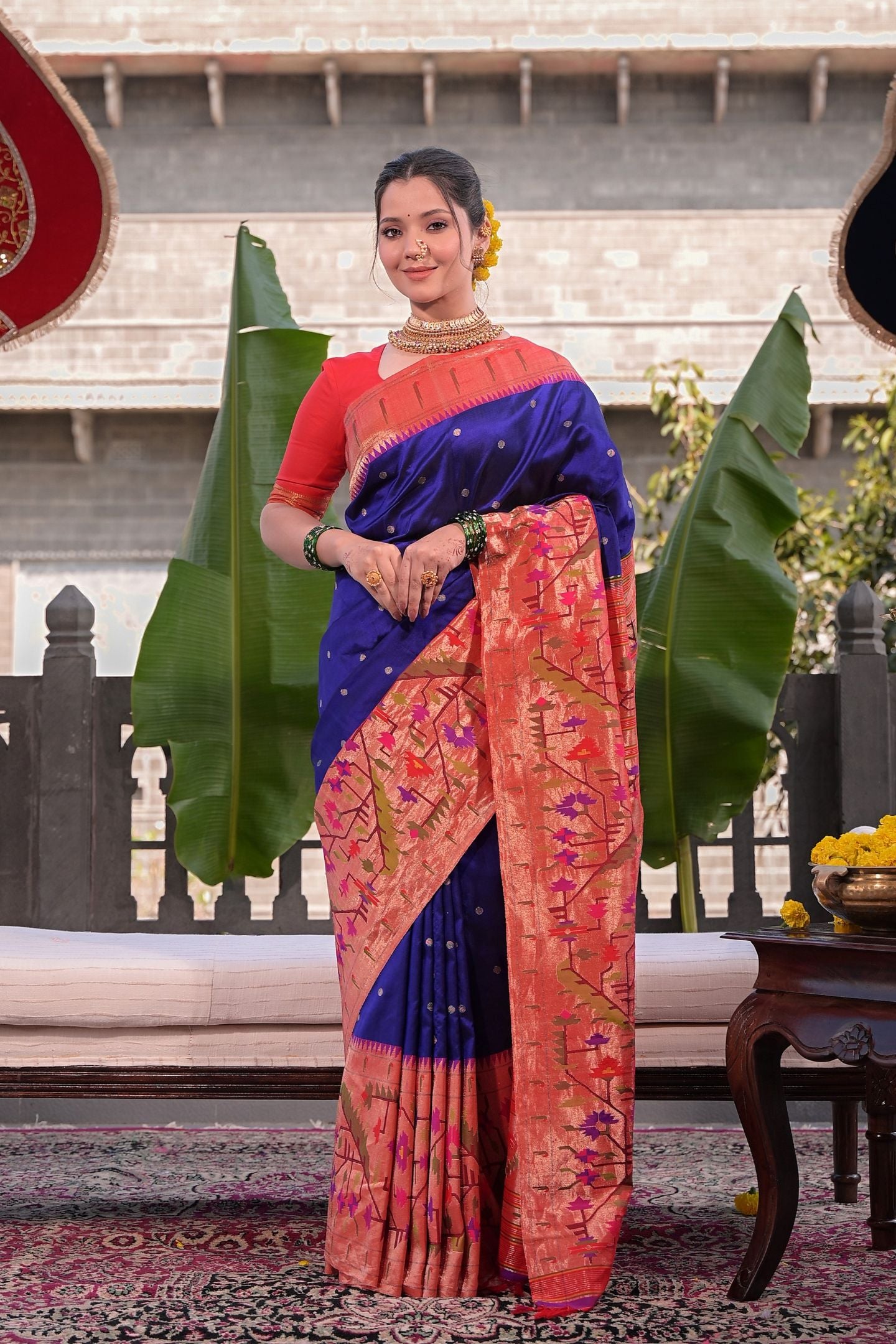 Hand Woven Half All Over Asawali Design Paithani