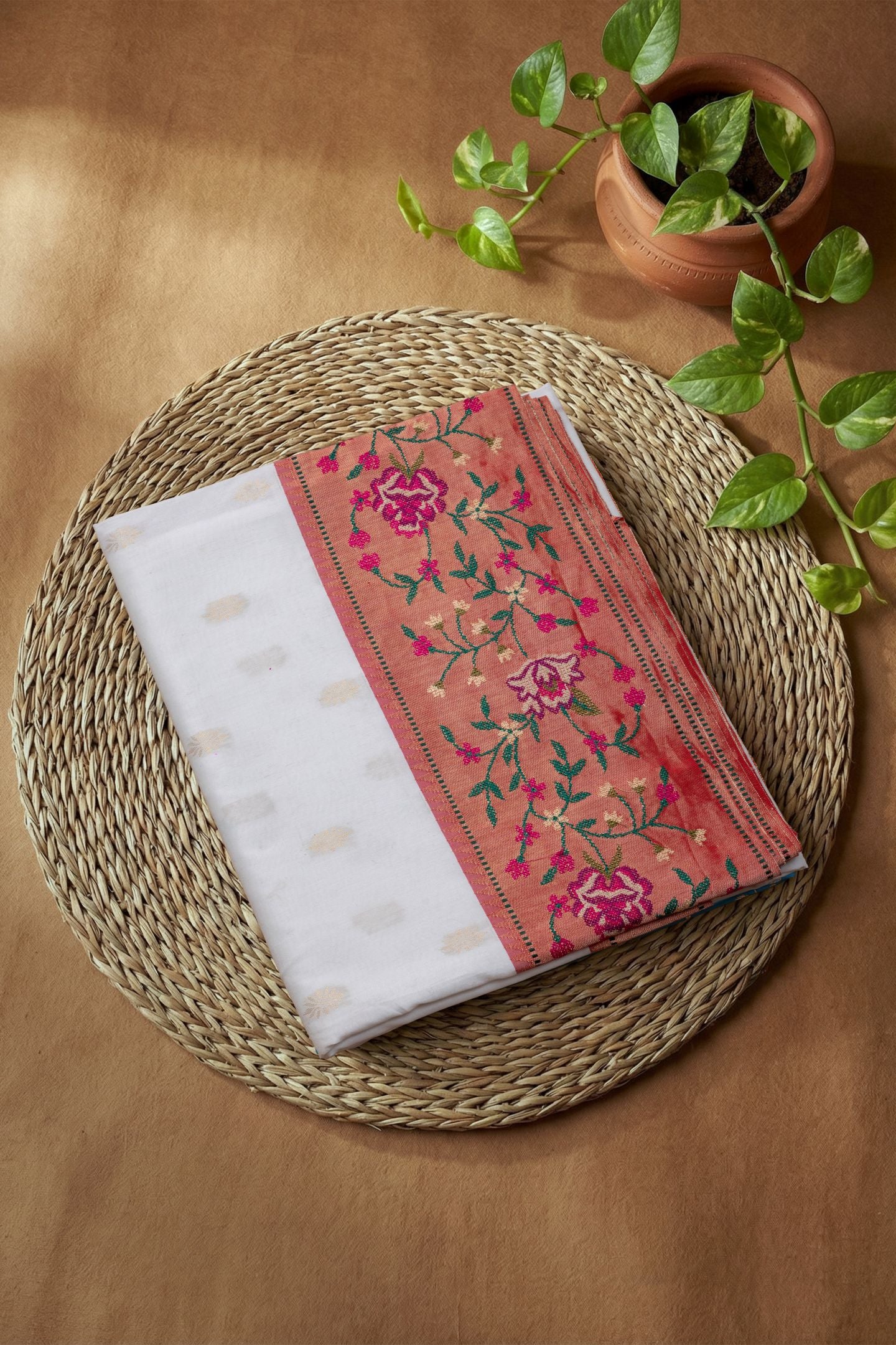 Traditional Pure Silk Petate Work Border Fusion Saree