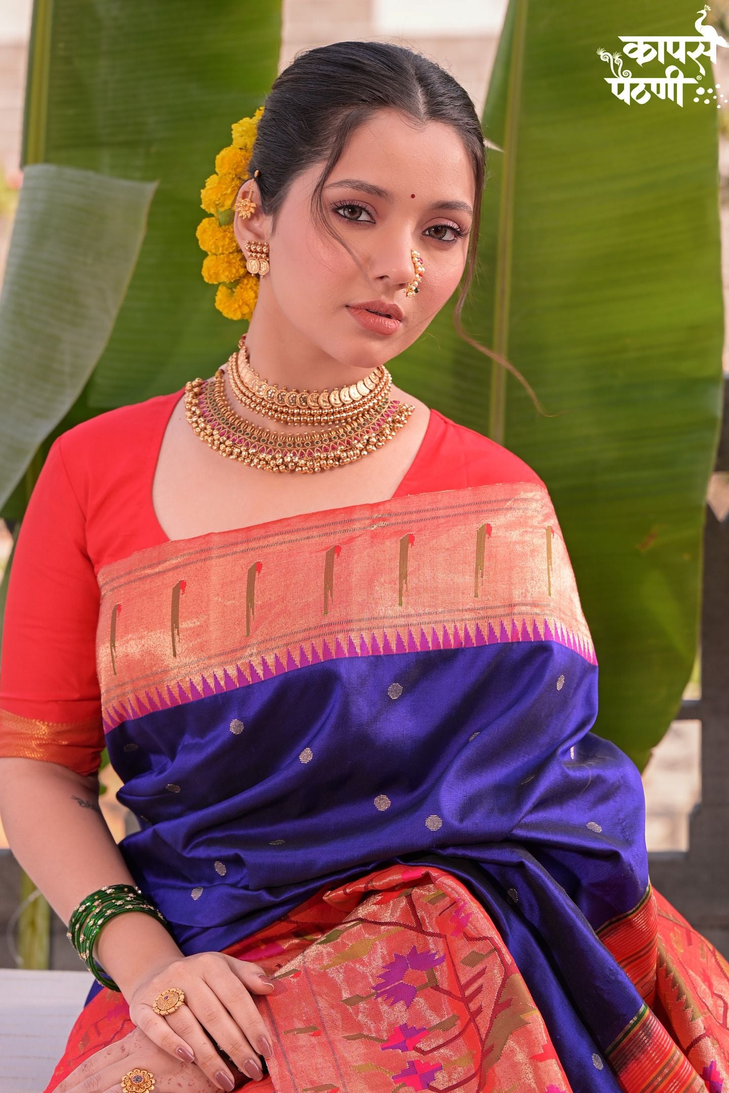 Hand Woven Half All Over Asawali Design Paithani