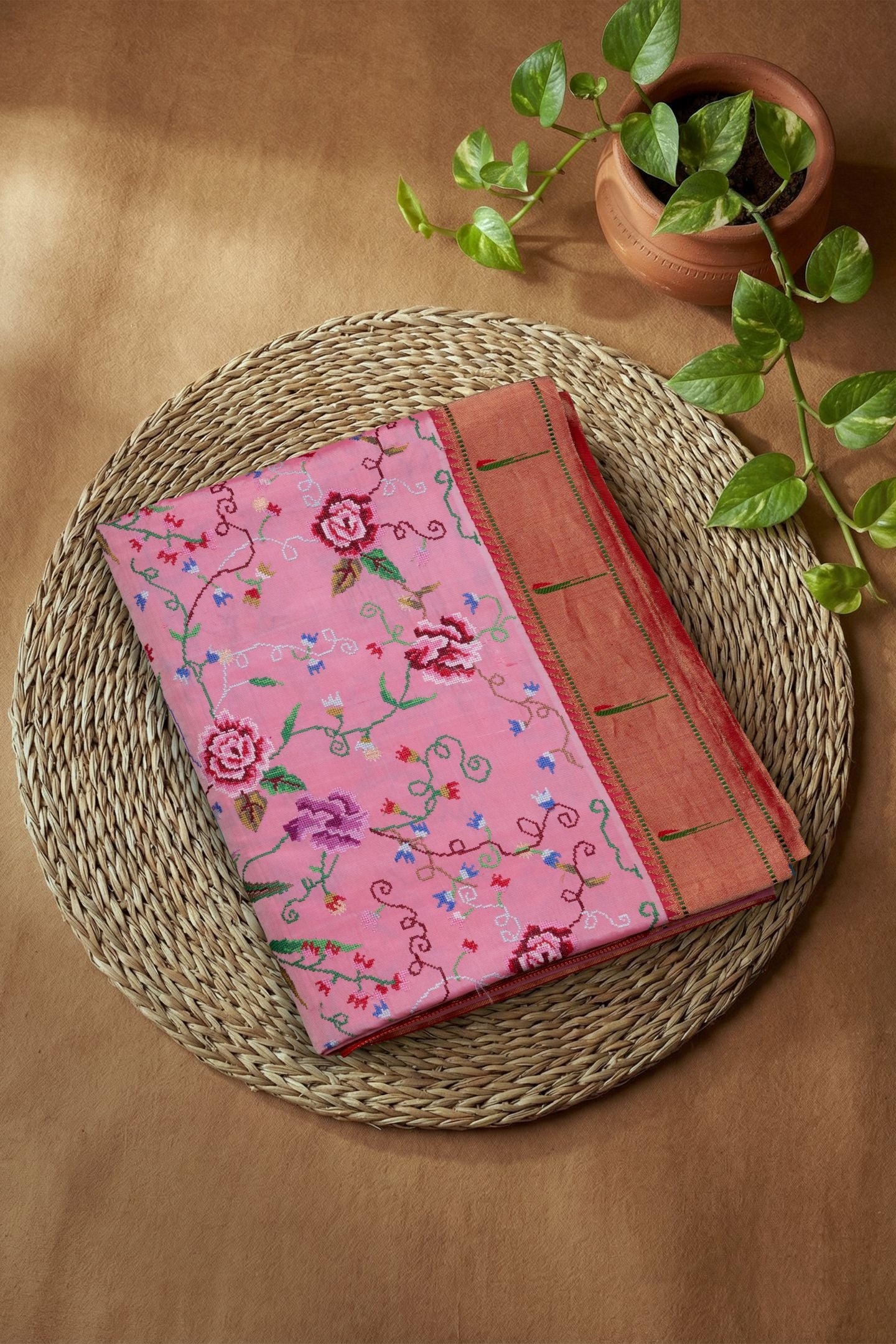 Traditional Pure Silk Half All Over Petate Work Fusion Saree