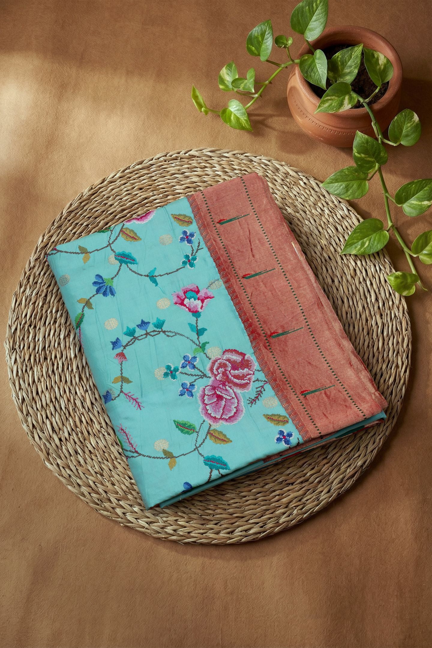 Traditional Pure Silk Half All Over Petate Work Fusion Saree