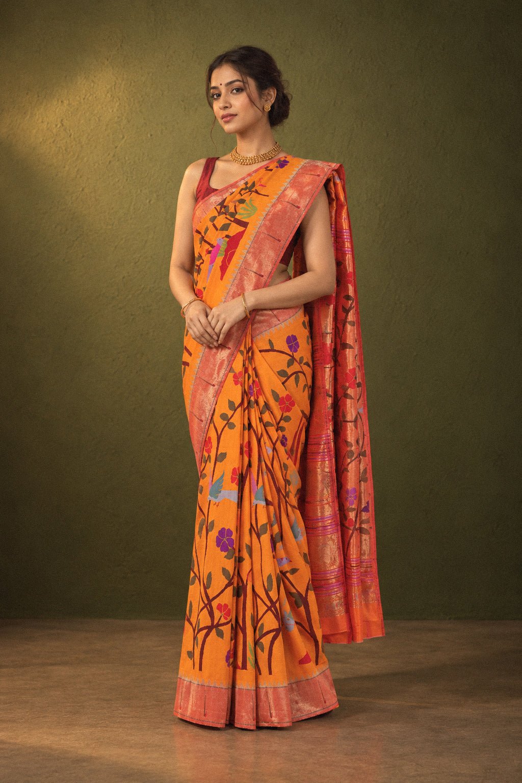 Shop Handloom Orange Brocade Paithani Online 